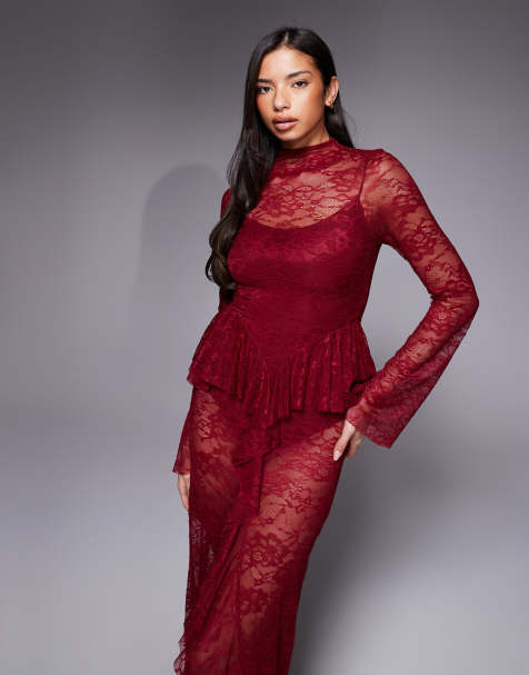 ASOS DESIGN high neck sheer lace maxi dress with peplum detailing and body suit lining in raspberry - view 1