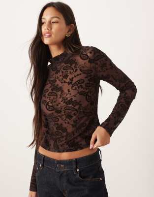 Asos Design High Neck Sheer Mesh Paisley Flocked Top In Brown