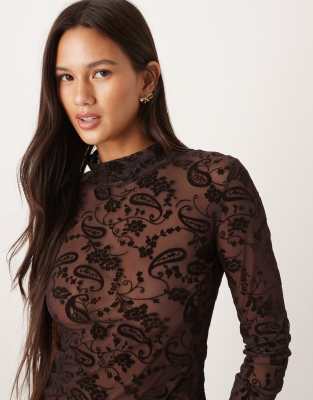 Asos Design High Neck Sheer Mesh Paisley Flocked Top In Brown