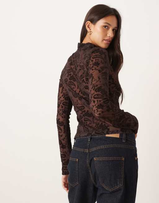 ASOS DESIGN high neck sheer mesh paisley flocked top in brown, 4 of 4