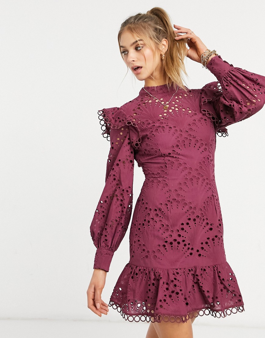 ASOS DESIGN high neck shell broderie mini dress with pephem in oxblood-Red