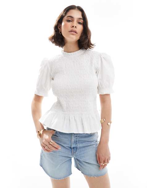 ASOS DESIGN high neck shirred detail short sleeve top in white - view 1