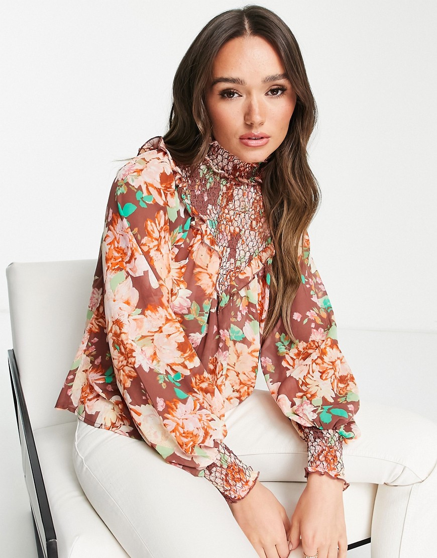 ASOS DESIGN high neck shirred long sleeve blouse with frill detail in pink floral-Multi