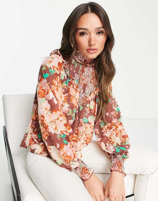 ASOS DESIGN high neck shirred long sleeve blouse with frill detail in pink  floral