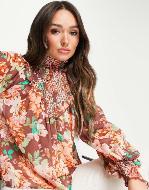 Pretty in Pink Floral  Frill & Shirred Shoulder Long Sleeve Top