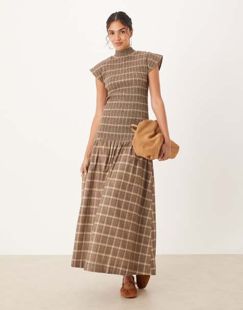 ASOS DESIGN high neck shirred maxi dress with dropped waist in check - view 1