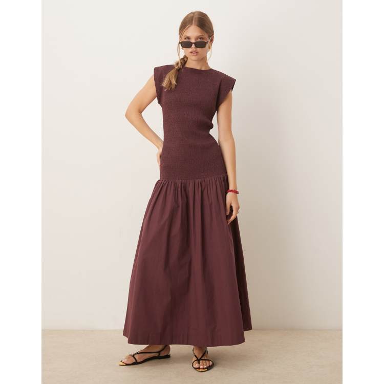 ASOS Design High Neck Shirred Maxi Dress with Dropped Waist in Deep grape-Purple