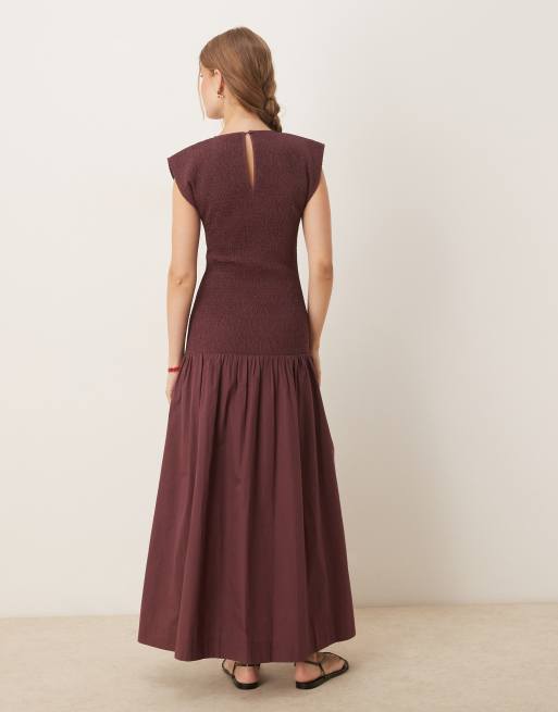 ASOS DESIGN high neck shirred maxi dress with dropped waist in deep grape