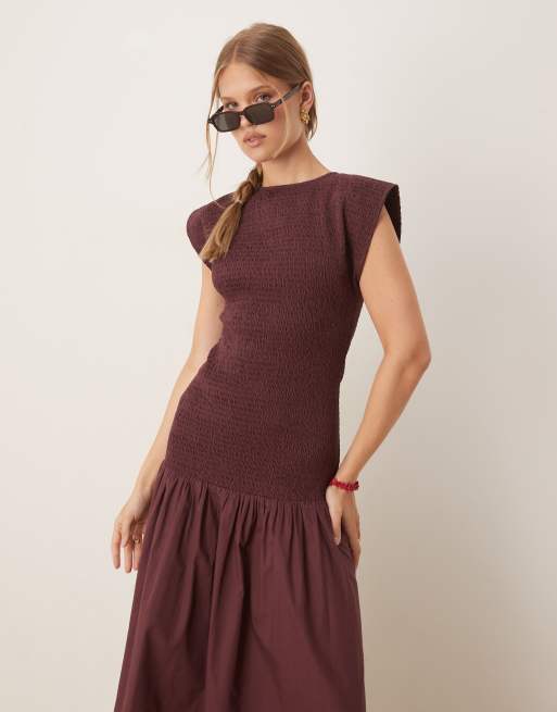 ASOS DESIGN high neck shirred maxi dress with dropped waist in deep grape