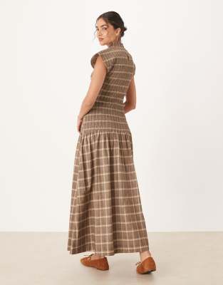ASOS DESIGN high neck shirred maxi dress with dropped waist in plaid