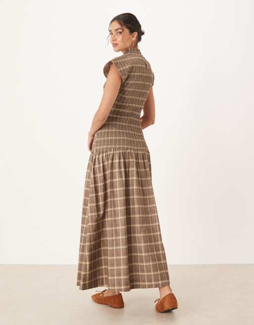 ASOS DESIGN high neck shirred maxi dress with dropped waist in plaid