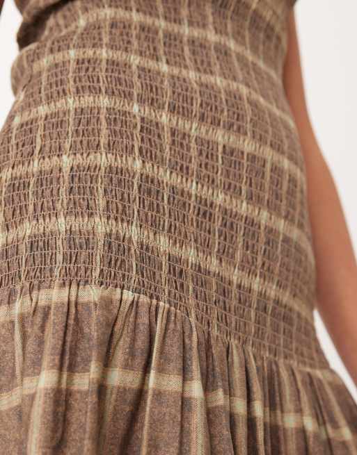 ASOS DESIGN high neck shirred maxi dress with dropped waist in plaid