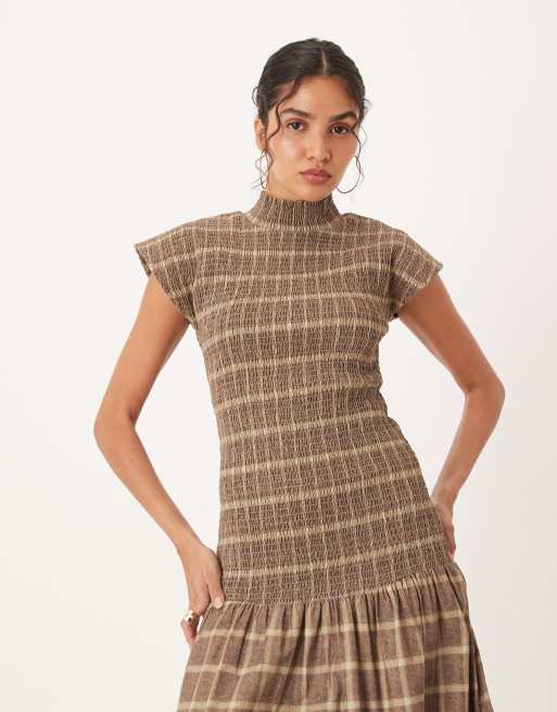 ASOS DESIGN high neck shirred maxi dress with dropped waist in plaid