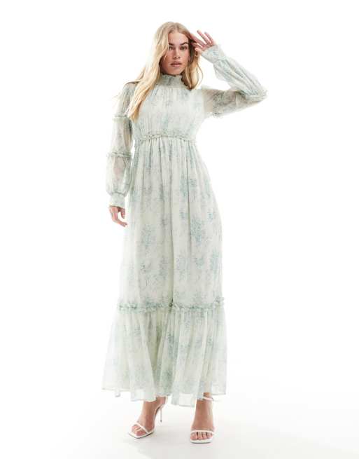 ASOS DESIGN high neck maxi dress with wrap waist and fluted sleeves in  dusky blue