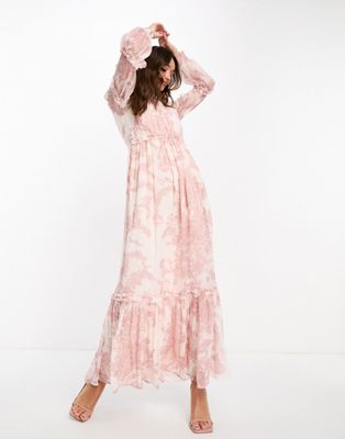 ASOS DESIGN high neck shirred maxi dress with frill edge in paisley print