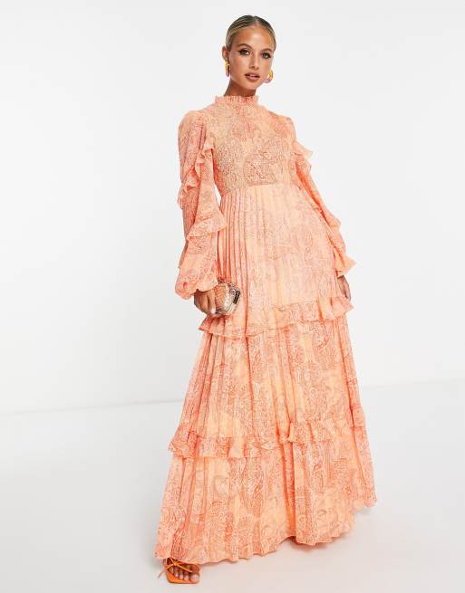 ASOS DESIGN high neck shirred pleated maxi dress with frill edge in paisley  print