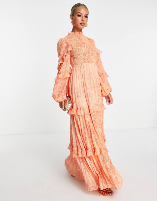 ASOS DESIGN high neck shirred pleated maxi dress with frill edge in paisley  print