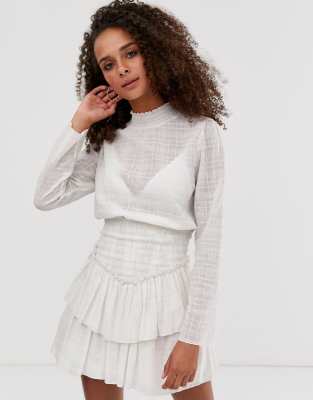 asos design high neck shirred waist mini dress in texture