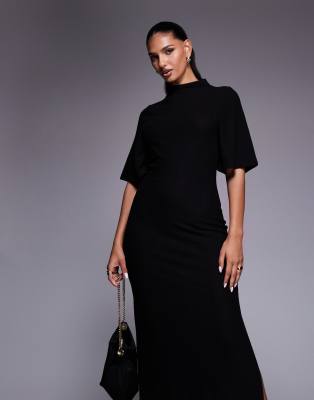 Asos Design High Neck Short Sleeve Maxi Dress In Black