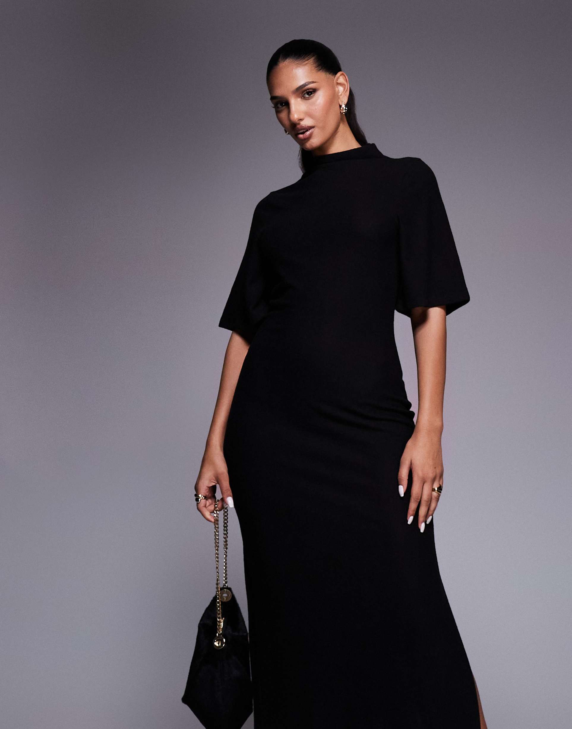 asos design high neck short sleeve maxi dress in black