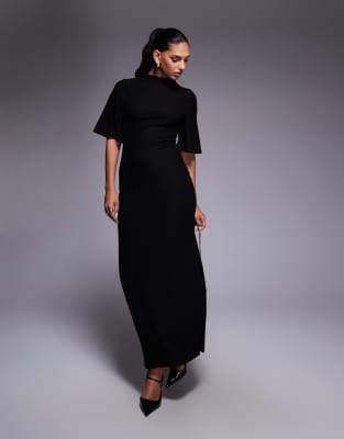 Asos Design High Neck Short Sleeve Maxi Dress In Black