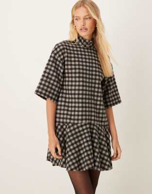 ASOS DESIGN high neck short sleeve mini dress with dropped waist in mono check-Multi