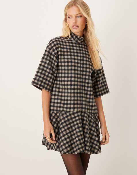 ASOS DESIGN high neck short sleeve mini dress with dropped waist in mono check - view 1