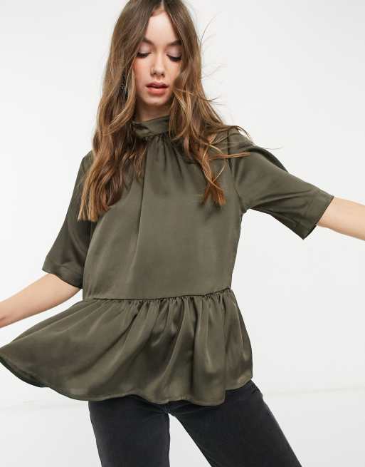 ASOS DESIGN high neck short sleeve peplum smock blouse in olive