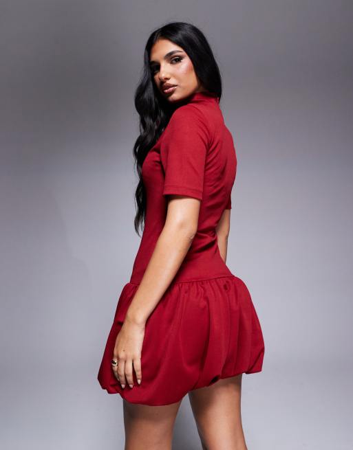 ASOS DESIGN high neck short sleeve puffball dress in plum