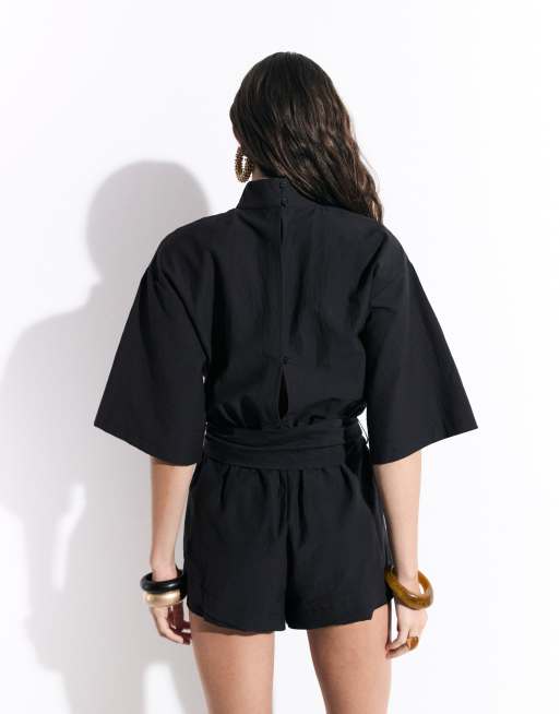 ASOS DESIGN high neck short sleeve techy romper in black, 4 of 8