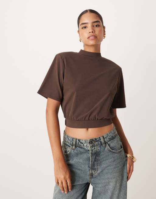 ASOS DESIGN high neck shoulder pad cropped t-shirt in brown