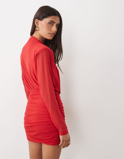 ASOS DESIGN high neck shoulder pad mini dress with draped skirt in red, 3 of 4