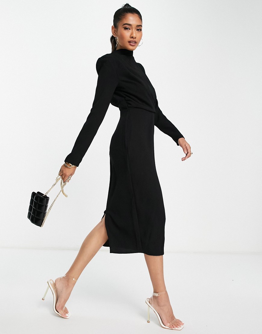 ASOS DESIGN high neck shoulder pad twist front midi dress in black