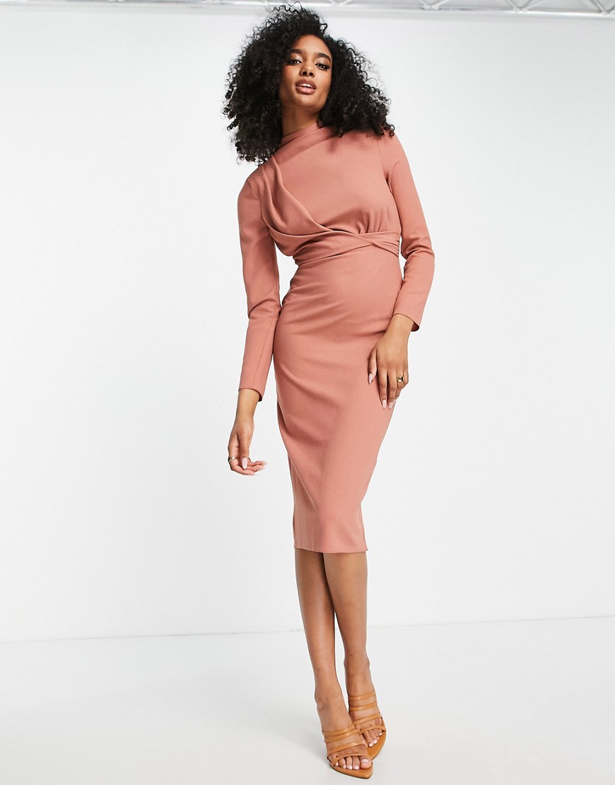 Shop Asos Design High Neck Shoulder Pad Twist Front Midi Dress In Terracotta-pink