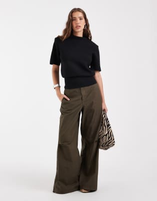 Asos Design High Neck Shoulder Pad Waisted T-shirt In Brown