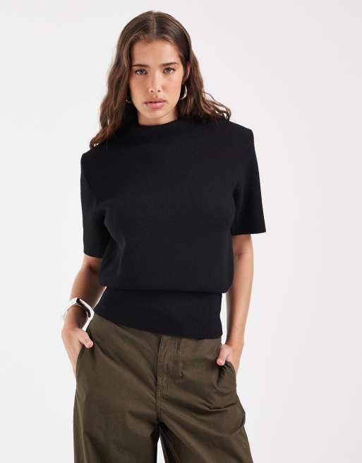 ASOS DESIGN high neck shoulder pad waisted t-shirt in black, 2 of 4