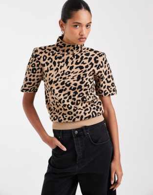 Asos Design High Neck Shoulder Pad Waisted T-shirt In Multi
