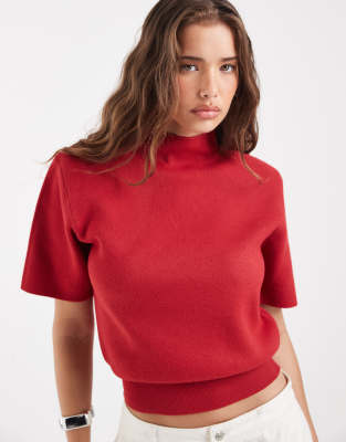Asos Design High Neck Shoulder Pad Waisted T-shirt In Red
