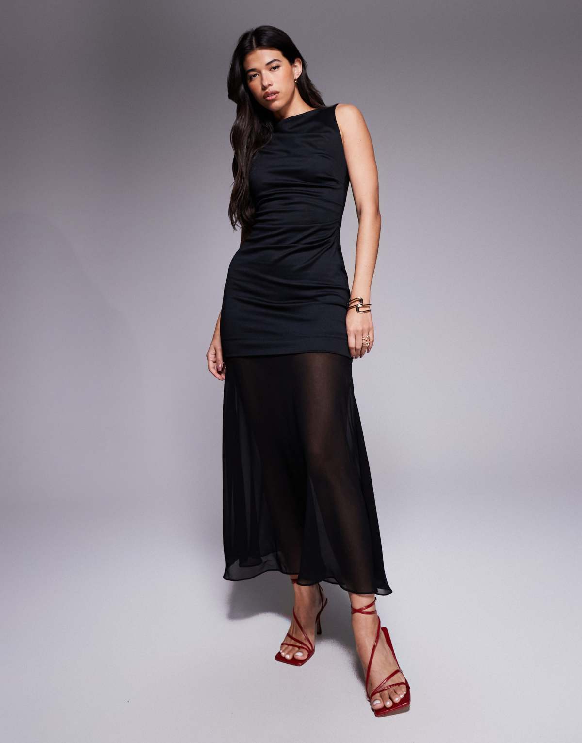 ASOS DESIGN high neck slash draped midi dress with chiffon skirt in black