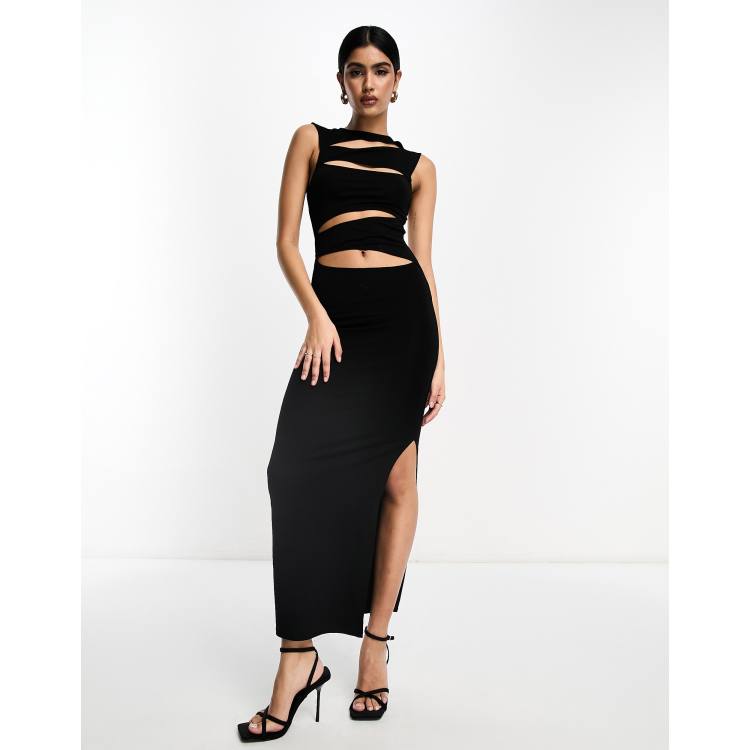 ASOS DESIGN asymmetric cut out mesh midi dress in black