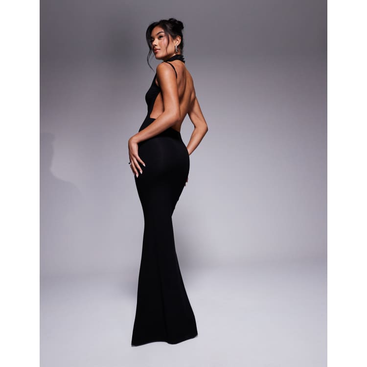 navy blue dress for baby girl ASOS DESIGN high neck slash shoulder maxi dress with open back in black