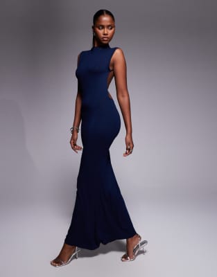 Asos Design High Neck Slash Shoulder Maxi Dress With Open Back In Blue