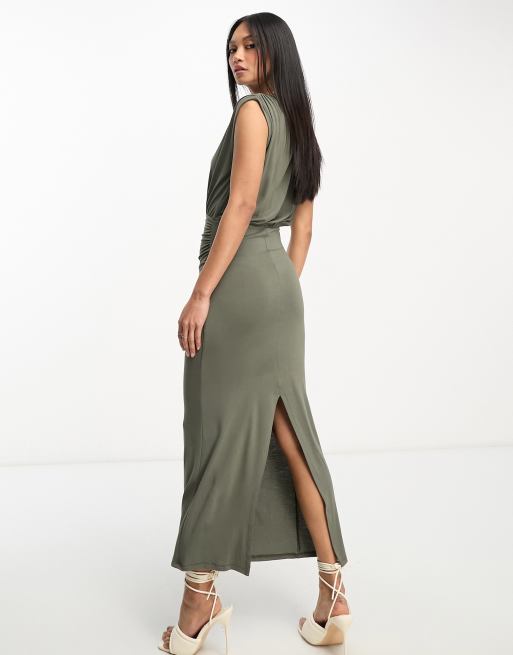ASOS DESIGN high neck sleeveless blouson midi dress with bodycon skirt in dark khaki