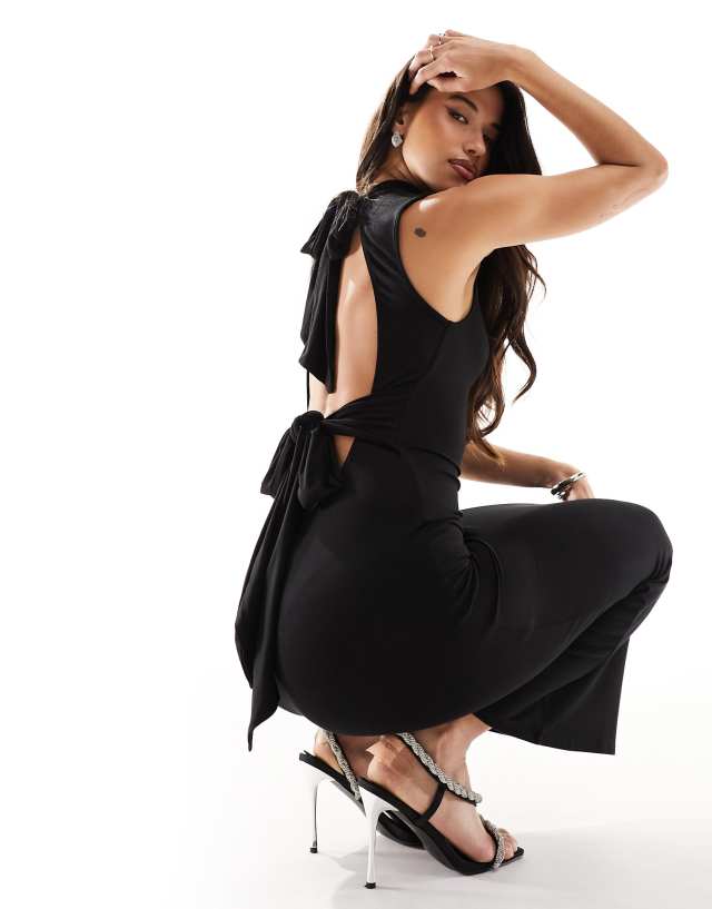 black cross back high neck maxi dress Black Maxi Dress with Criss Cross Back and Lace Detail main image 0