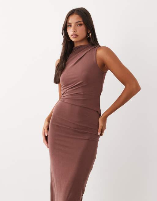 ASOS DESIGN high neck sleeveless drape maxi dress in chocolate, 2 of 4