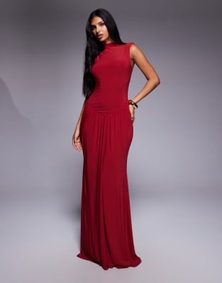 Asos Design High Neck Sleeveless Maxi Dress With Ruched Detailing-red