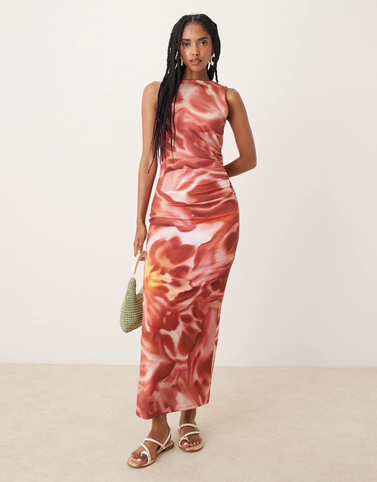 ASOS DESIGN high neck sleeveless midi dress in burgundy smudge floral print