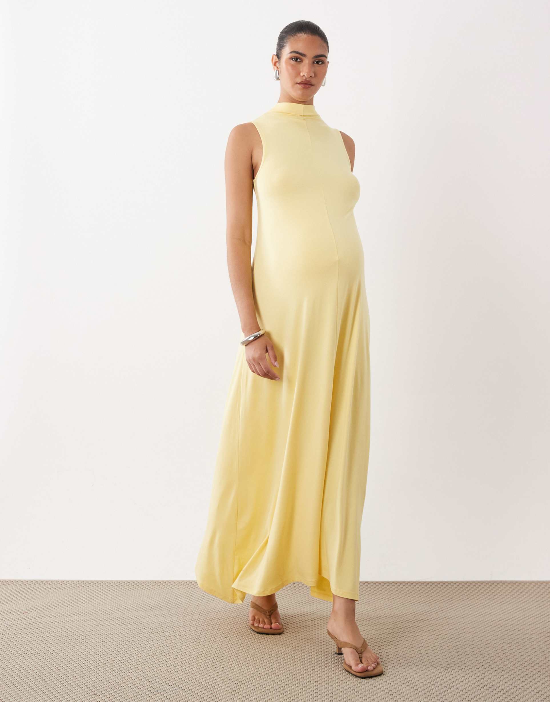 asos design high neck sleeveless midi dress in yellow