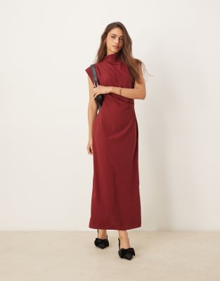 high neck sleeveless midi dress with draped neck in burgundy-Red