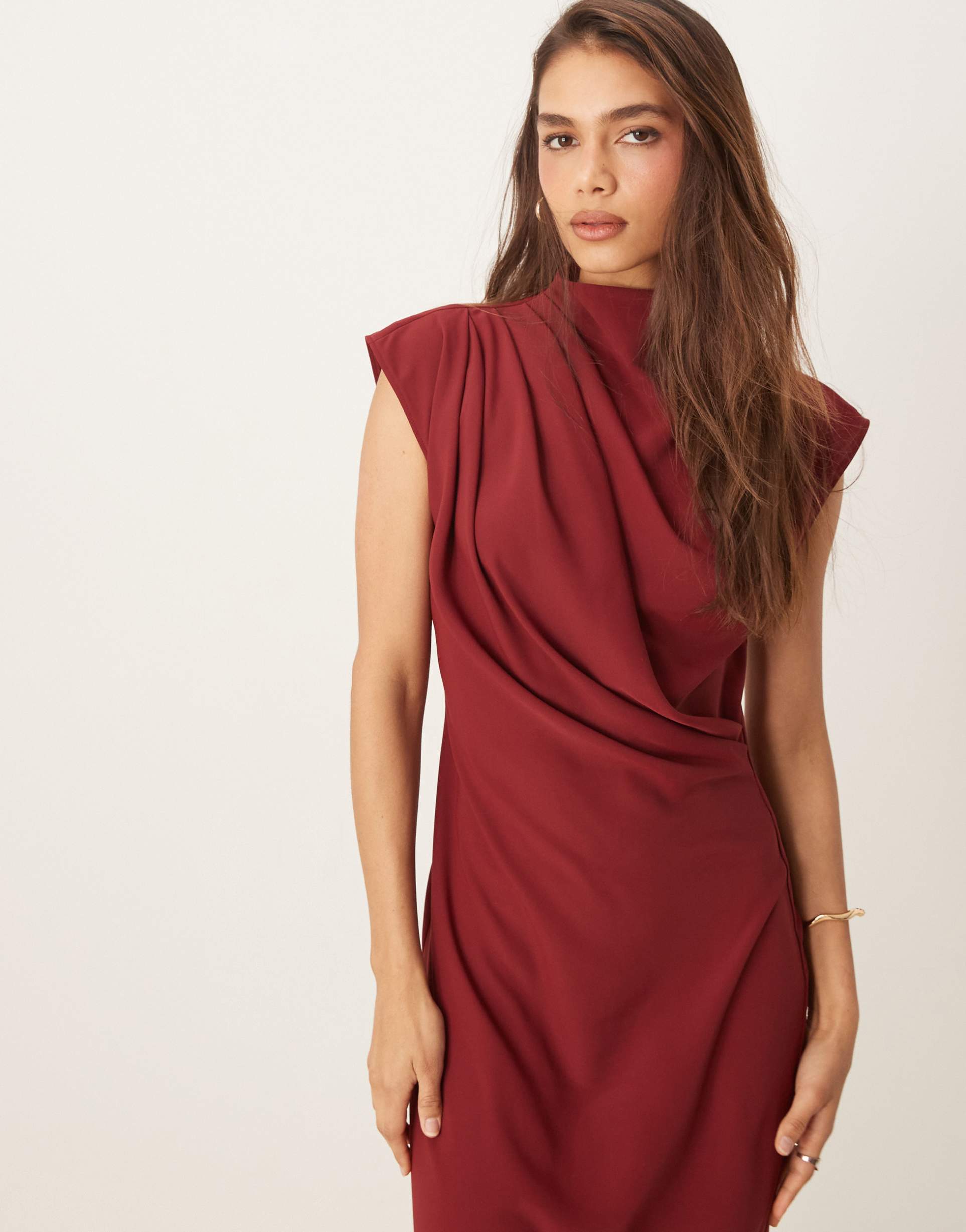 asos design high neck sleeveless midi dress with draped neck in burgundy